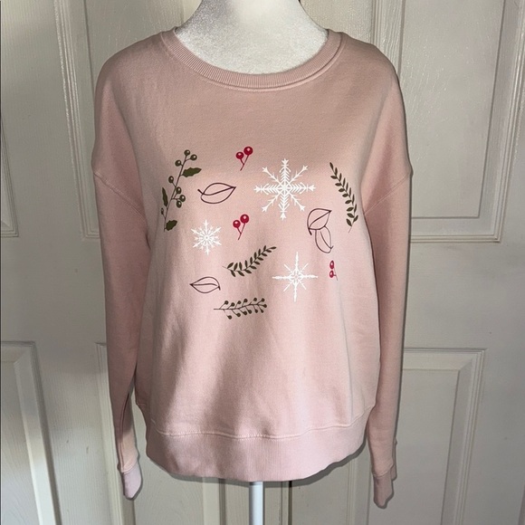 Pact Pink Winter Sprigs Graphic Slouchy Organic Cotton Fleece Sweatshirt - Picture 1 of 5